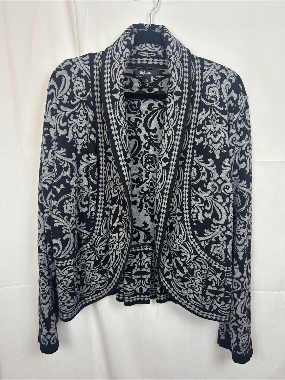 Style & Co. Black and Gray Floral Damask Open Cardigan